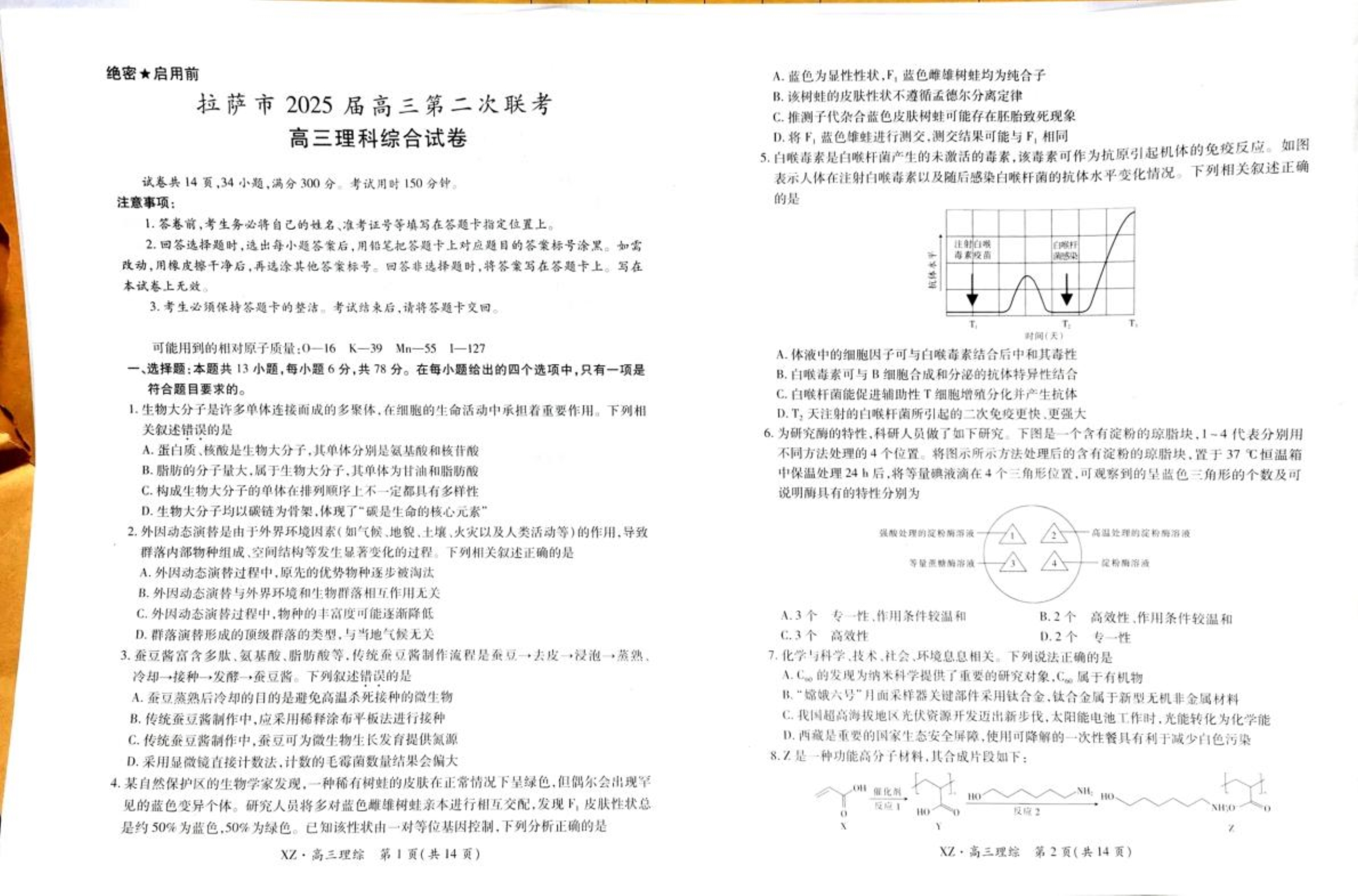 西藏自治区拉萨市2025届高三下学期4月二模试题 理综 PDF版含解析