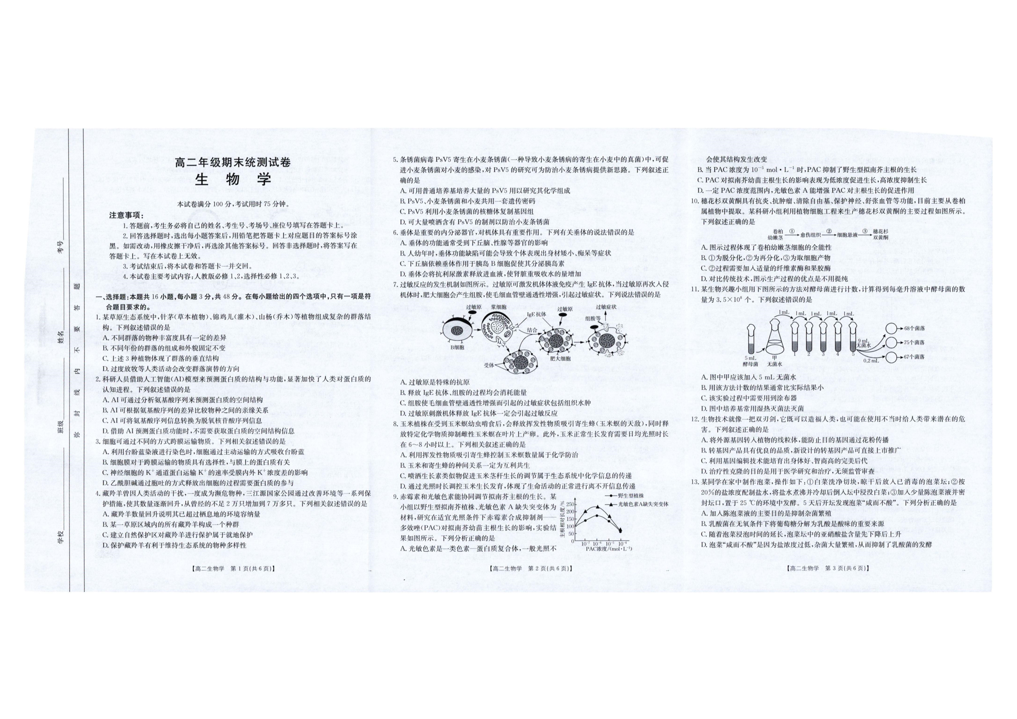 云南省玉溪第一中学2026届高三上学期适应性测试(二)生物 Word版含答案
