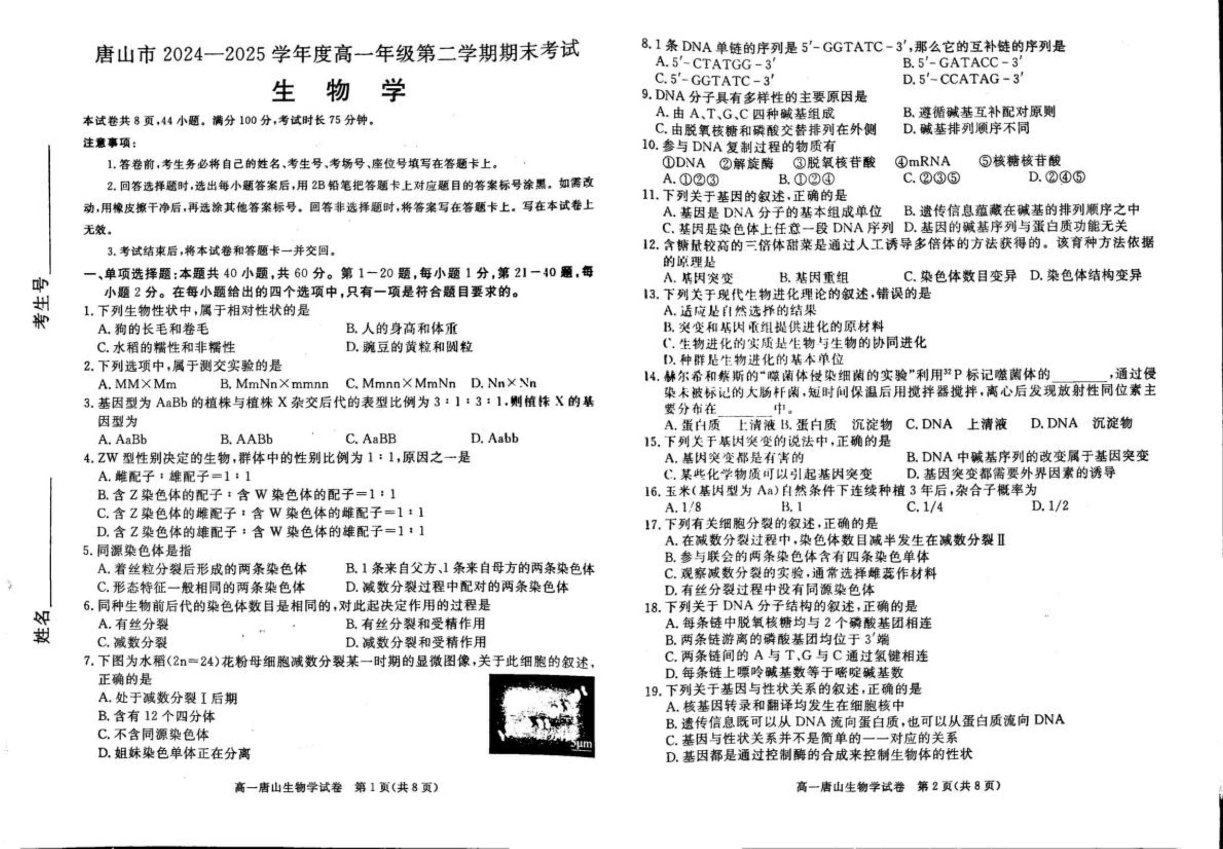 河北省琢名小渔名校联考2026届高三上学期开学调研检测试题 生物 Word版含答案