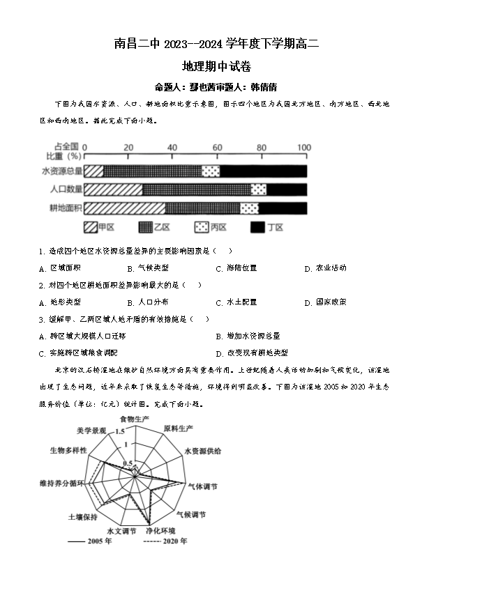江西省智慧上进稳派联考2023-2024学年高二下学期期末考试 地理 PDF版含解析