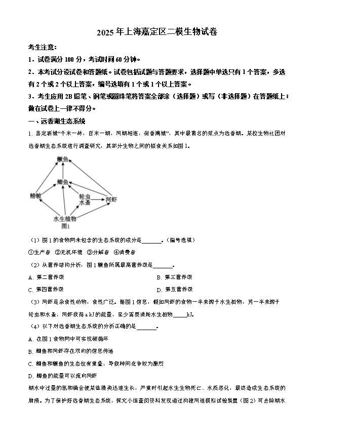 上海市浦东新区2025届高三下学期二模试题 生物 Word版含解析