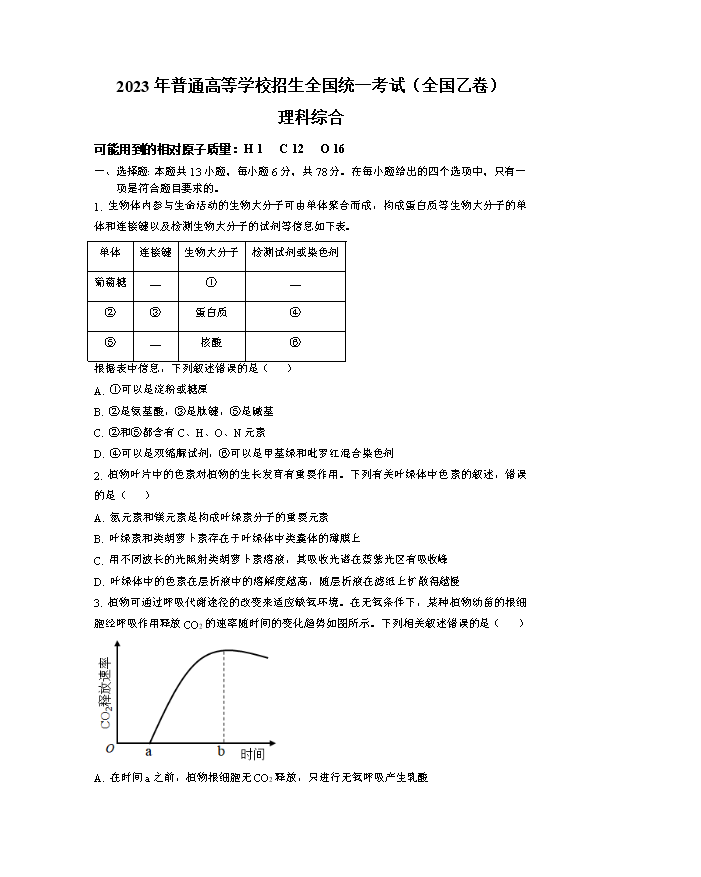 2024年高考真题——理综(全国甲卷) Word版含解析