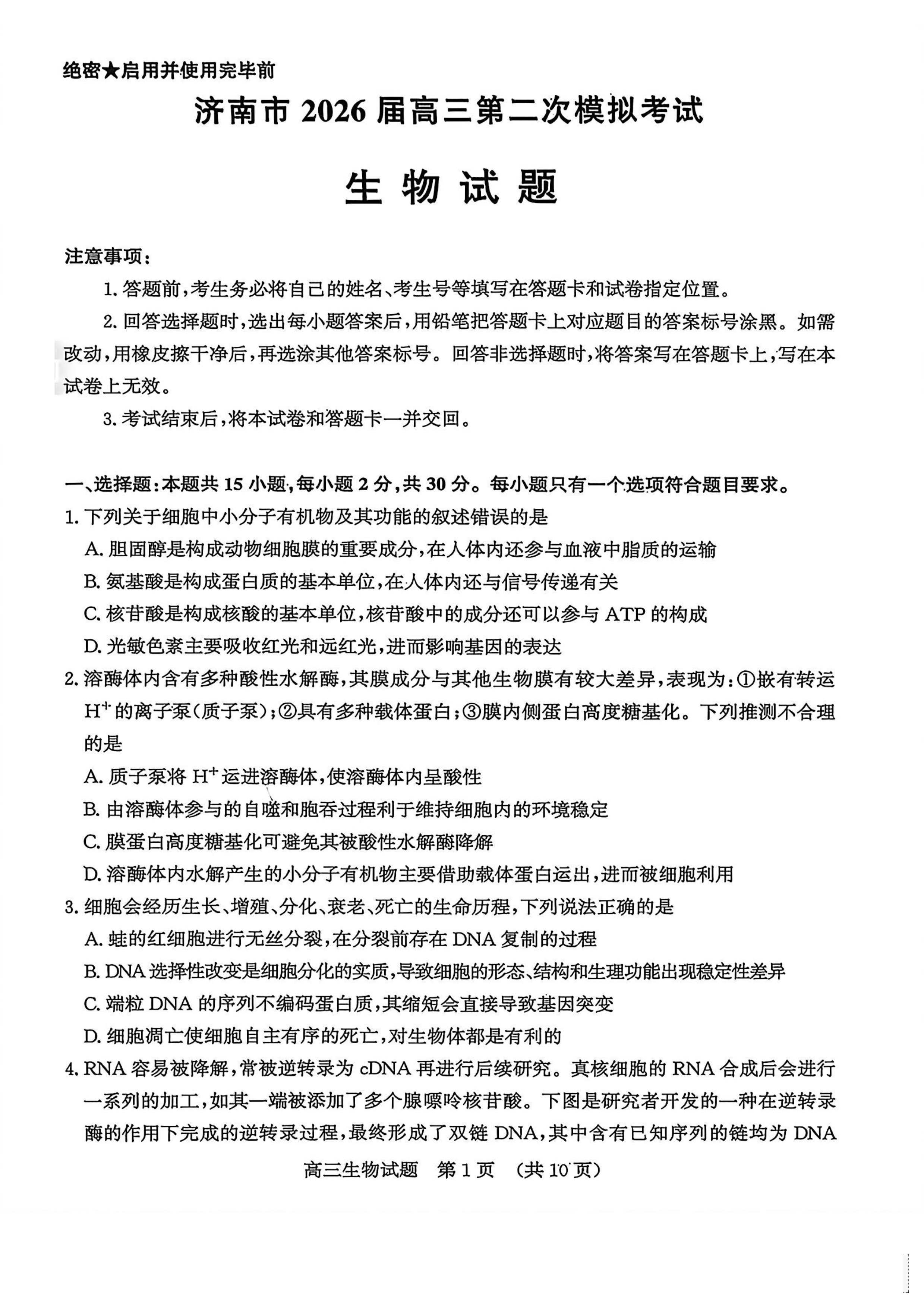 山东省济南市2026届高三下学期二模试题 生物 PDF版含答案