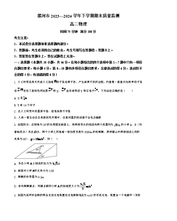 河南省鹤壁市高中2024-2025学年高二上学期开学摸底考试 物理 Word版含解析