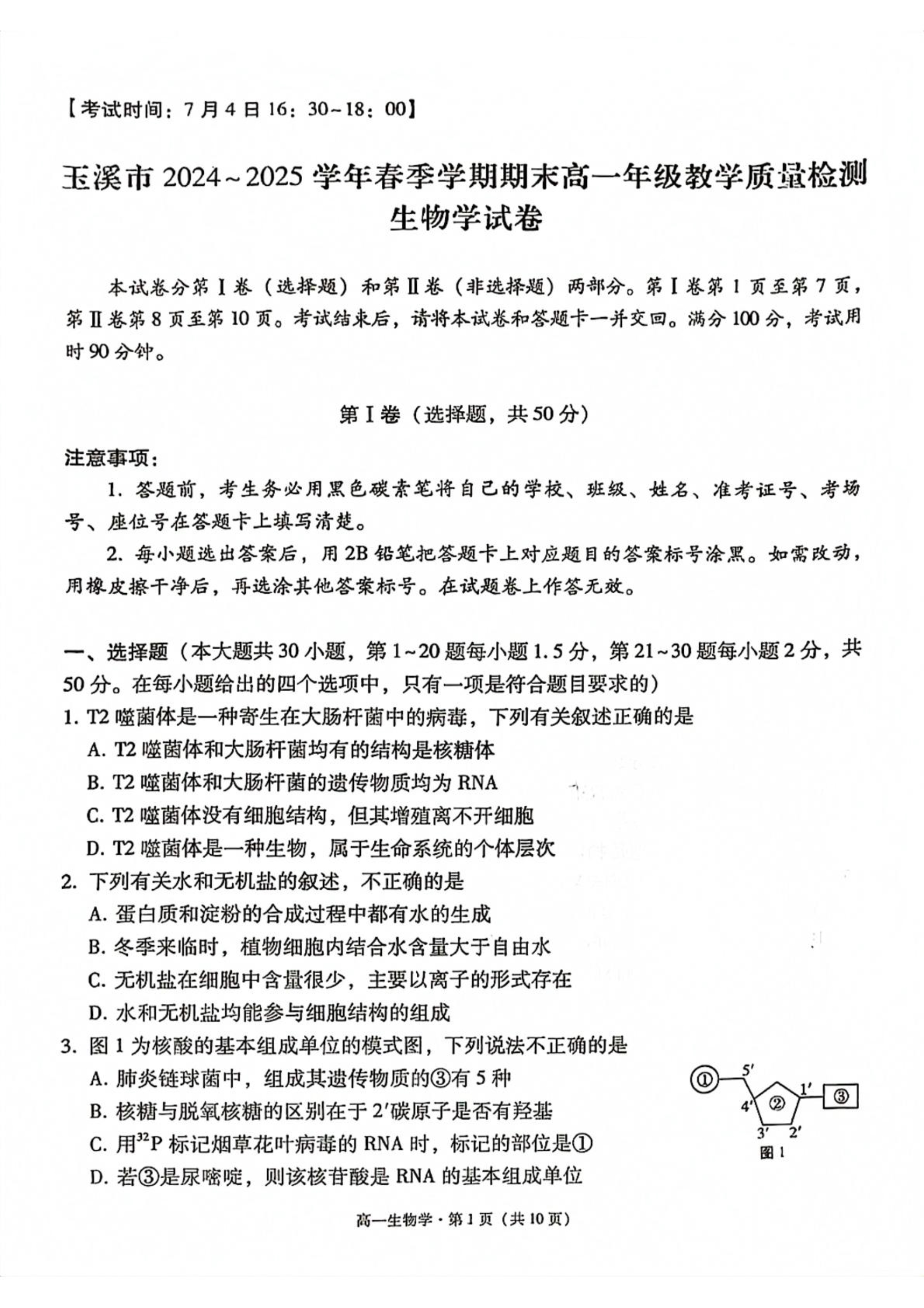 云南省玉溪第一中学2026届高三上学期适应性测试(二)生物 Word版含答案