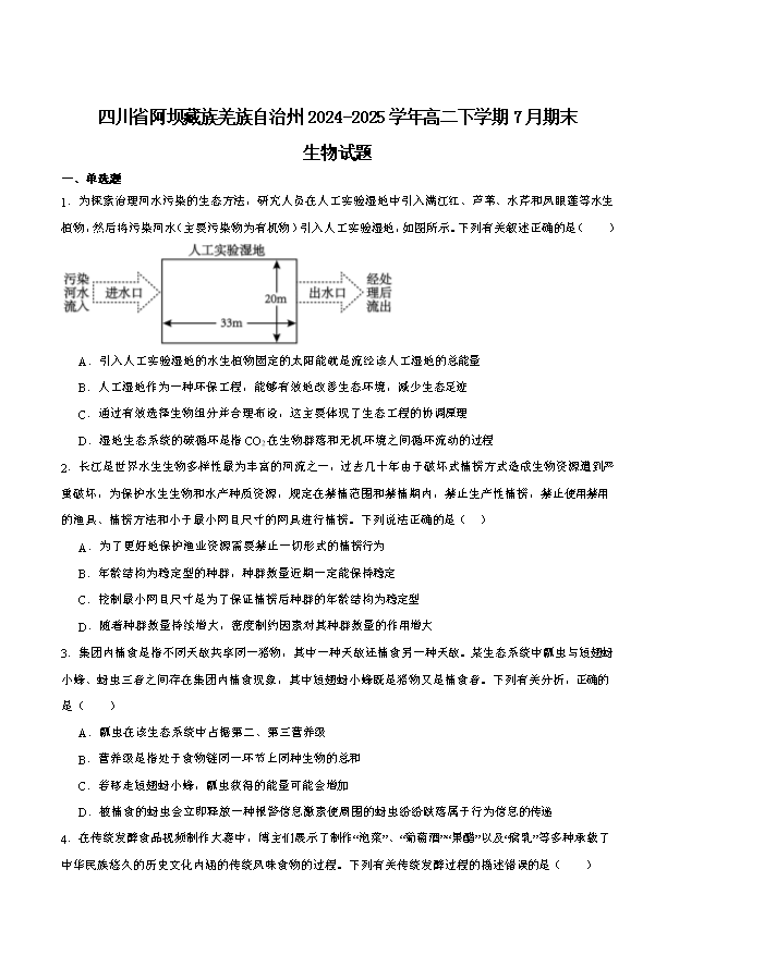 四川省内江市2024-2025学年高一下学期期末考试 生物 PDF版含答案