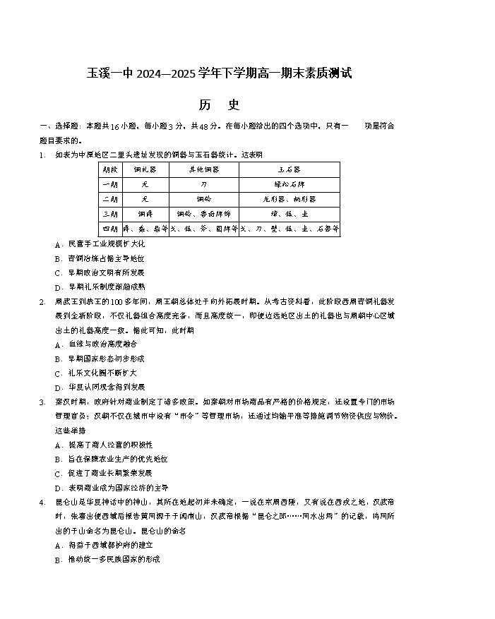 云南省玉溪第一中学2026届高三上学期适应性测试(二)历史 Word版含答案